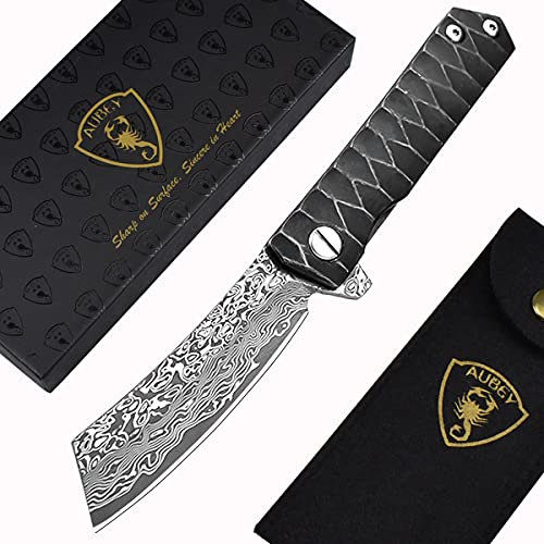 AUBEY Damast Taschenmesser mit Scharf Damastklinge, Klappmesser Damast für Outdoor Camping Angeln, EDC Survival Eindhandmesser