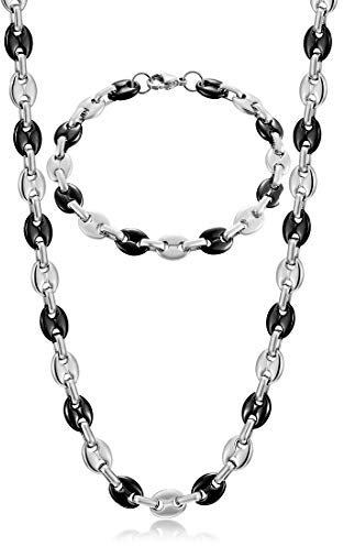 AFSTALR Collana Chicco di caffè Uomo Acciaio Inossidabile 6mm Bracciale Chicco di caffè in Set Bracciale con Catena Uomo Gioielli Argento Nero Hip Hop di caffè Argento 56CM