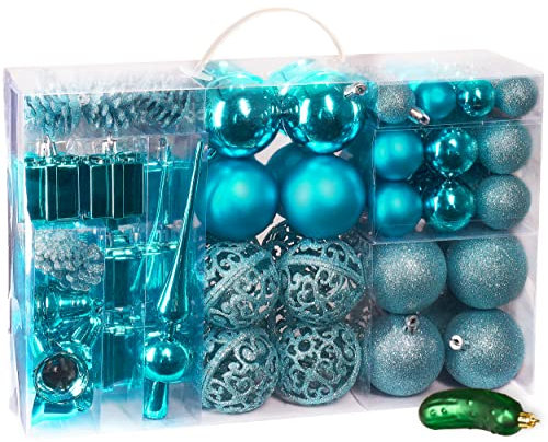 BRUBAKER 101 Stück sortierte Weihnachtskugel-Ornamente - bruchsicher - mit grüner Gurke und Baumspitze - Designed in Germany