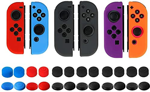 Androxeda Funda Protectora para el Controlador JoyCon de Nintendo Switch con Tapas para Pulgares Paquete de 3 Fundas de agarres de Silicona Antideslizantes 24 Almohadillas para Pulgares