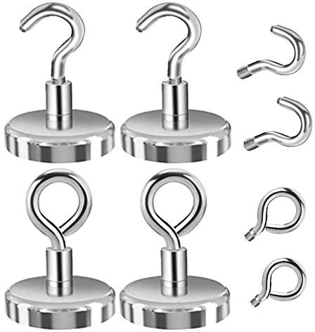 Crochet Magnétique Puissant 45kg 32mm Crochet Aimanté Magnetique Frigo Blanc Néodyme Aimant Crochet Magnétique avec Crochets à Tasse et Crochets à Boulon à œil pour Cuisine Frigo Torchon Tableau 4PCS
