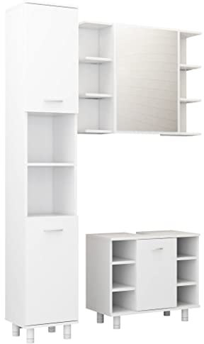 vidaXL Badmöbel Set 3-TLG. Waschbeckenunterschrank Unterschrank Spiegelschrank Hochschrank Schrank Badezimmerschrank Badschrank Weiß Holzwerkstoff