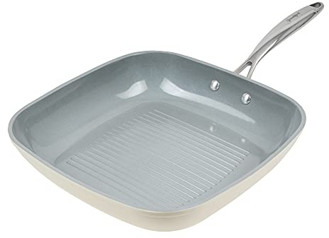 Goodful Ceramic Nonstick 11 Inch Grill Pan, Dishwasher Safe Pots and Pans, Comfort Grip Stainless Steel Handle, Made Without PFOA, Griddle, Cream