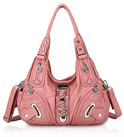Angel Kiss Handtasche Damen Schultertasche Multifunktionale Umhängetaschen PU Leder mit Reißver Schlusstaschen (Rosa)