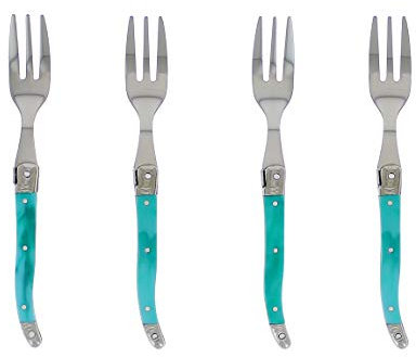 French Home Laguiole Kuchengabel-Set, raffinierte Edelstahlgabeln mit türkisfarbenen Griffen, Laguiole Besteck-Set für Kuchen, Obst oder Vorspeisen, 17,1 cm, 4-teilig