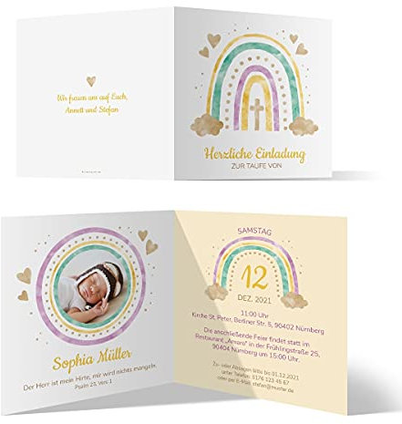 20 x Einladungskarten zur Taufe - Text und Foto einfach individuell selbst gestalten Quadrat Klappkarten für Mädchen oder Jungen - Regenbogen Tor