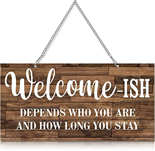 Hotop Funny Welcome Front Door Sign Welcome-ish Hanging Sign 12 x 6 Inch, Rustic Wall Farmhouse Door Decor for Home Porch Entryway Decor(White Words with Brown Base)