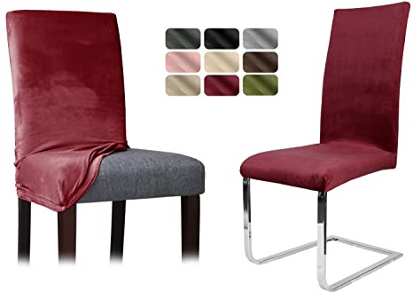 BEAUTEX Stuhlhussen Samt Stretch Stuhl & Schwingstuhl 2er Set Granat LEA | 95% Polyester, 5% Elasthan, weiche Velours-Oberfläche, Rundum-Gummizug, 30 °C waschbar, faltenarm, formstabil & langlebig