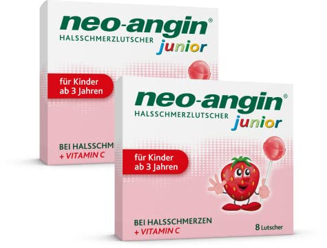 neo-angin Junior Halsschmerzlutscher mit leckerem Erdbeergeschmack | lindert Halsschmerzen & beruhigt die gereizte Schleimhaut | für Kinder ab 3 Jahren | Lutscher mit Isländisch Moos | 2 x 8 Stück