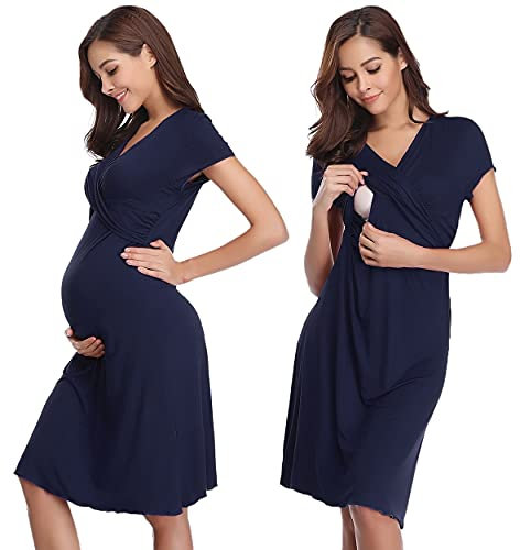 Irdcomps Chemise de Nuit Maternité Femme Coton Robe Patineuse Maternité d'allaitement Robes Vêtements Grossesse Allaitement Pyjama à Manches Courtes Bleu Foncé XL