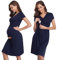 Irdcomps Chemise de Nuit Maternité Femme Coton Robe Patineuse Maternité d'allaitement Robes Vêtements Grossesse Allaitement Pyjama à Manches Courtes Bleu Foncé XL