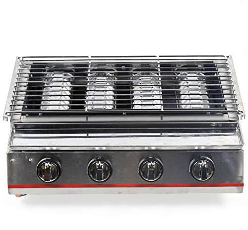 4 Burner Gas Barbecue BBQ Grill Station Griller Stainless Steel Steak Griller Smokeless Table Top Grill Oven Stainless Steel for Picnic Height Adjustable Grill Size Outdoor Camping