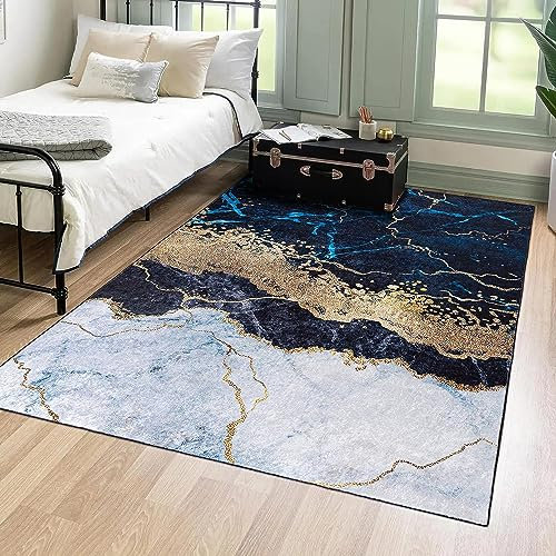 Mazovia Modern Teppich - Kurzflor Waschbar - Weich Teppich für Wohnzimmer, Schlafzimmer, Esszimmer – Teppiche Marmor Abstrakt Muster - Blau Grau Gold 120 x 170 cm
