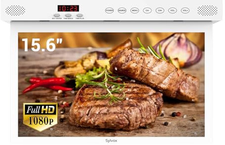 SYLVOX 15.6 inch Smart Kitchen TV for Android, 1080P Under Cabinet Flip Down & Rotated, Built-in Timer, Smart Casting WiFi, Small TV for Kitchen, Bedroom, Campervan (White)