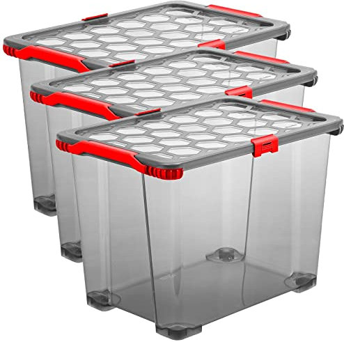 Rotho Evo Total Protection 3er-Set Aufbewahrungsbox 65l mit Deckel, lebensmittelechter Kunststoff (PP) BPA-frei, anthrazit/rot, 3x 65l (59.0 x 39.5 x 41.2 cm)