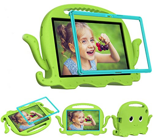 Tablet Case + Screen Protector For Samsung Galaxy Tab A7 T500 T505 10.4 2020 2022, Kids Friendly Case with Octopus Stand Handle, EVA Foam Lightweight Shockproof, + Shoulder Strap Green