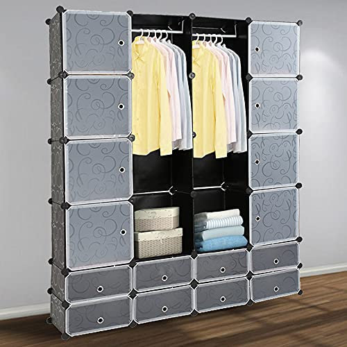 Herrselsam DIY Kleiderschrank Regalsystem 16 Würfel Garderobe Kleiderschrank Offen Kunststoff Garderobe mit Türen Garderobenschrank Schwarz 180 x 142 x 37CM