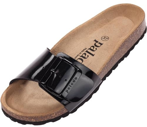 Palado Pantoletten Damen Malta EGS Lack – bequeme Sandalen Made in Spain - Hausschuhe mit dämpfendem Kork-Fußbett - modische Sommerschuhe Schwarz/Schwarz UK9 - EU42