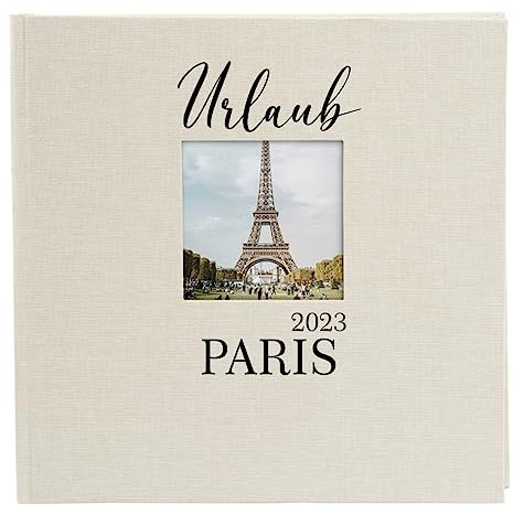 AWASG Fotoalbum Reise zum selbstgestalten | Fotobuch 25x25 cm personalisiert mit Namen | Album für Urlaub Fotos aus Leinen 60 Seiten weiß (beige)