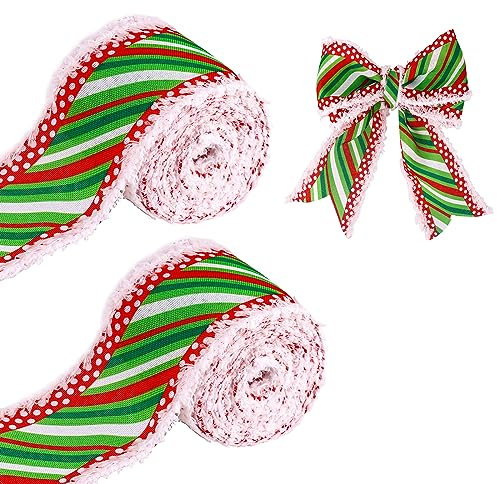 2 Rouleaux Ruban Filaire de Noël, 6,3cm x 11m, Polyester pour Bricolage et Sapin, Bords de Congère Rouge Vert Blanc, Loisirs Créatifs