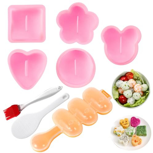 MLRYH Onigiri Maker Mold, 8 Pcs Sushi Onigiri Musubi Maker Mold Kit Rice Ball Mold Shake Sushi Makers Mold with Small Rice Paddle, Brush for Kitchen.(Pink)