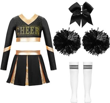 iiniim Mädchen Cheer Leader Kostüm Cheerleading Uniform Kleid Langarm Crop Tops mit Rock Pompoms Socken Cosplay Halloween Fasching Karneval B Schwarz 146-152
