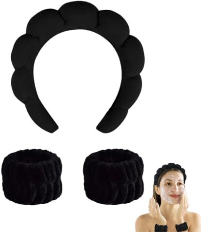 Haarreif Samt Make up Haarband Breit Haarbänder Kosmetik Haarreifen Damen Schwarz 3 Stück Stirnband Handgelenk Waschband Set Schwamm Hautpflege Haarreifen für Damen und Mädchen Sport Skincare Spa