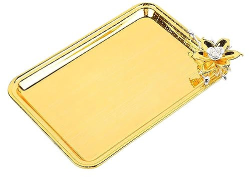 Bandeja de Servicio de Mesa de Lujo, Bandeja Rectangular de Metal Decorativa Dorada con Diseño Floral para Hotel, KTV, Refrigerios (S)
