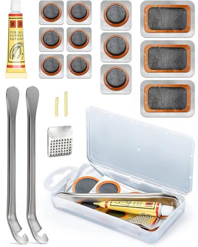 Kit de Réparation Pneus de véLo,avec boîte de Rangement Portable, kit rustine Velo,Levier en métal, Patchs hermétiques, pour Les vélos de Route et de Montagne et Caoutchouc Gonflable