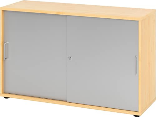 bümö Schiebetürenschrank 2OH - Aktenschrank abschließbar, Sideboard Schrank mit Schiebetüren in Ahorn/Silber, Bügelgriff - Büroschrank aus Holz mit Schiebetür, Büro Kommode für Ordner & Co.
