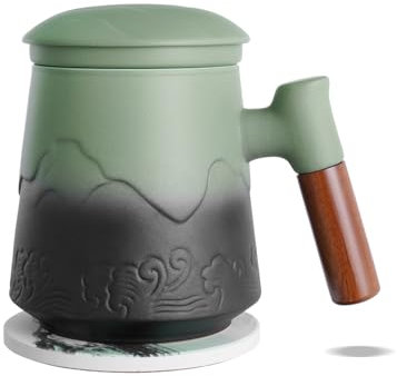 ZENS Tea Mug with Infuser and Lid for Loose Leaf Tea Steeper, 15.2oz Ceramic Tea Cup with Fine Tea Strainers and Absorb Coaster, Wood Handle Large Tea Diffusers Mugs Tea Lovers Gifts