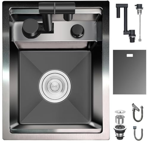 Hidden Concealed Kitchen Bar Sink with Folding Faucet, Hidden Stainless Steel Undermount Workstation Bar Sink for Small Prep RV (Black A, 35x45x22CM)