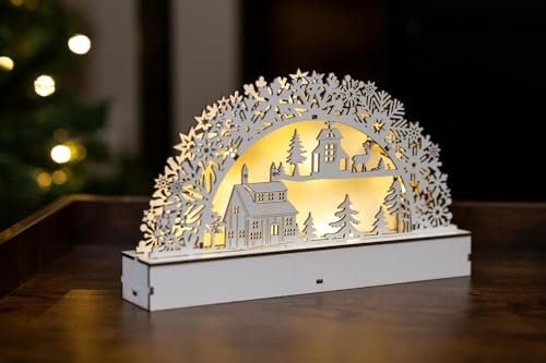 Marco Paul Kerzenbrücke aus Holz, weiß, mit 5 künstlichen Schwibbogen, Weihnachtsdekoration, Dorfszene, LED, batteriebetrieben, Weihnachtsschmuck