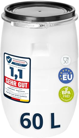 Garronda Réservoir d'eau de 60 litres Baril Alimentaire Bidon Eau GD-0078 | Fût à Large Ouverture, en HDPE, sans BPA, Tonneau de Jardin, Bac à Aliments pour Animaux, Conteneur d'Eau, Universel, Blanc