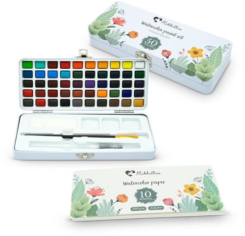 Mikkelhus Aquarellfarben Set 50 Farben in Tragbarer Box. Pinsel und Aquarellpapier, Aquarell für Reisen, Wasserfarben farben für Künstler und Hobbymaler