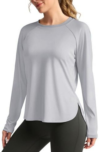 PINSPARK Women's Sports T-Shirt Long Sleeve Sportshirt Rash Guard Workout Shirts Quick Dry Sports Tops Crew Neck Running Gym T-Shirts with Thumb Hole Grey S