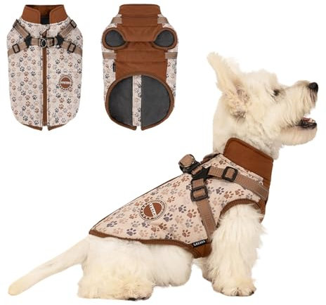 BT Bear Hunde-Winterjacke mit Geschirr für kleine und mittelgroße Hunde, Outdoor, wasserdicht, verstellbar, Braun, Größe S