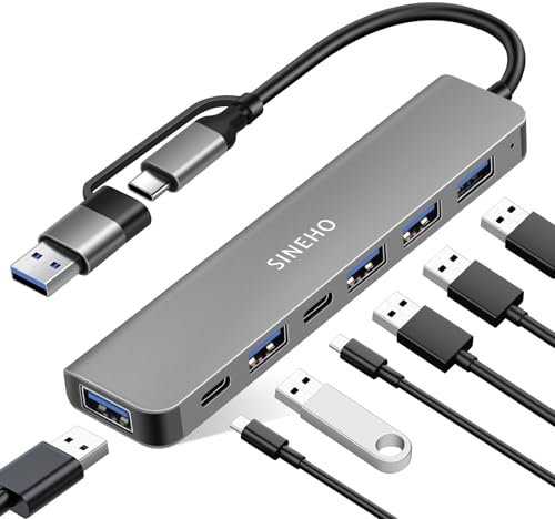 SINEHO Hub USB Dual 7 en 1 (Entrada USB-C y USB-A), Adaptador USB C con USB 3.0, 4xUSB 2.0, Puertos Datos USB-C Duales para Laptops, PC