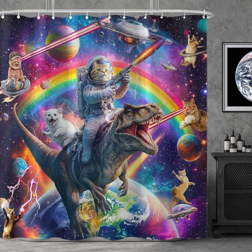 Fowocu lustiger Duschvorhang mit Dinosaurier-Motiv, cool, bunt, Weltraumkatzen, für Badezimmer, Fantasie, Galaxie, Universum, Anime, Kinder, wasserdichter Stoff, Badvorhang, Dekoration, 183 x 183 cm