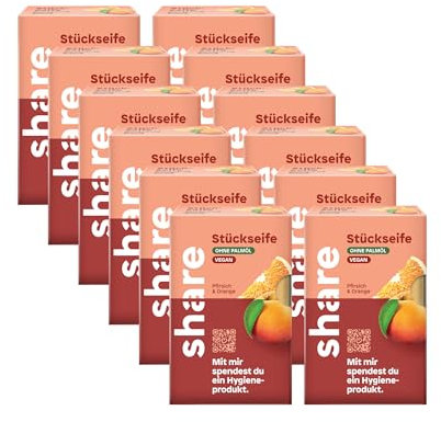 share Stückseife Pfirsich & Orange 12x100g | Vegane Handseife mit fruchtigem Duft | Spendet ein Hygieneprodukt | Feste Seife
