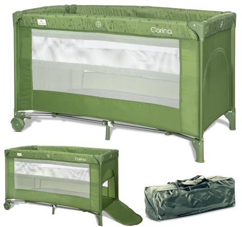 Lorelli 2 in 1 Babybett und Laufstall Carina 2 Ebenen mit Neugeborenen Einsatz und Seiteneingang, Kinderbett ab Geburt bis 15 kg, Baby Reisebett, faltbar inkl. Transporttasche, Grün