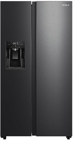 TESLA T569AFFB 569L Total No Frost American Style Fridge Freezer, Plumbed Water and Ice Dispenser, 2 Year Warranty, Dark Inox Door and Grey Cabinet. H179.3 x W91 x D69.8