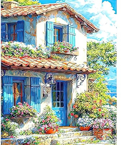 RICUVED Maison Kit Peinture par Numéros pour Débutants et Adultes –Paysage Peinture Numéros Toile 40x50cm Sans Cadre, Peintures Acryliques et Pinceaux – DIY Facile Décoration