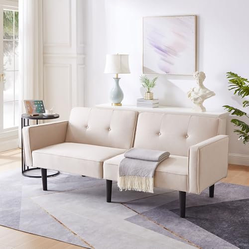 Arhatreya 2 Sitzer Sofa Gästesofa Modern Couch, 2-in-1-Sofabett, 2er Sitzsofa mit verstellbare Doppelrückenlehnen, Polstersofa mit Schlaffunktion für Wohnzimmer, Schlafzimmer, Baumwoll-Leinen Beige