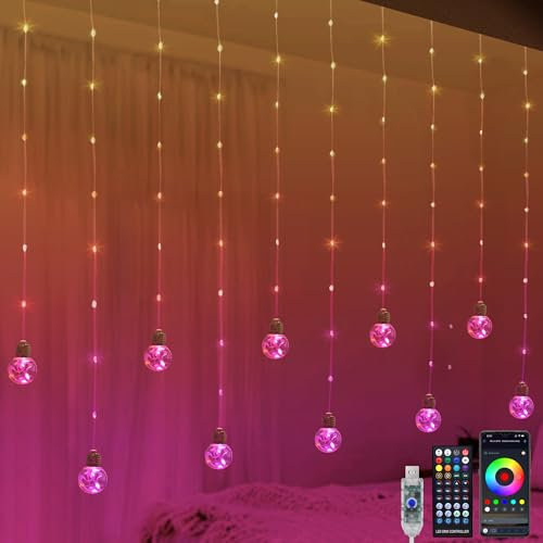 YOLIGHT Colour Changing Wishing Ball Curtain Lights, 3M RGB LED Window Light with Remote App Control, Music Sync Icicle Fairy Lights for Bedroom Party Halloween Christmas Decoration