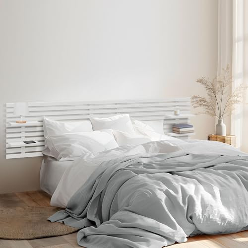 DHOME Recyceltes MDF Kopfteil aus Holz mit Regalen im Palettenstil Nachttischregale im Japanischen Stil Bett im nordischen mit Beschlägen inklusive (Massiv Weiß, Bett 180cm)
