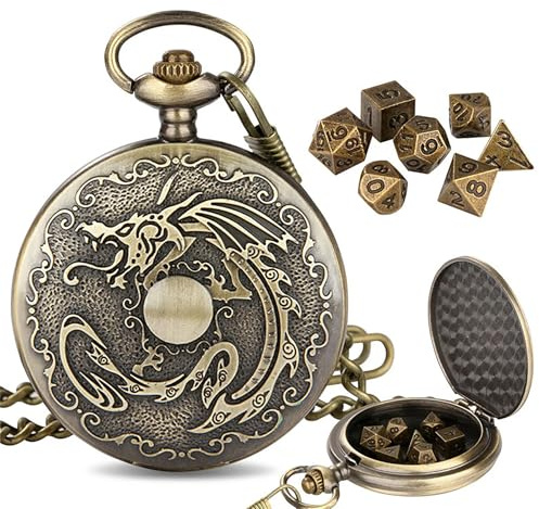 Mini DND Dice Set 7pcs Polyhedral Metal Dice with Chain Bronze Dragon Pocket Watch Dice Set for Role-Playing Games Accessories Xmas Gift