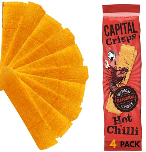 Capital Crisps Bangkok Hot Chilli Pack of 4 x 75g - Elongated Crisps. Multipack Crisps, Vegetarian Snacks, Healthy Snack