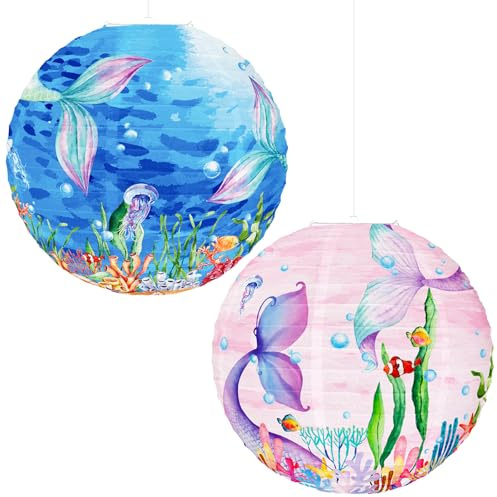 Teouuas 2 Stück Laterne Kinder St Martin, Lampion Kinder, Papierlaterne Rund Papier, Lampion Kinders Laternes, für Umzug St. Martin, Halloween (Zwei Designs im Meerjungfrauen-Stil)