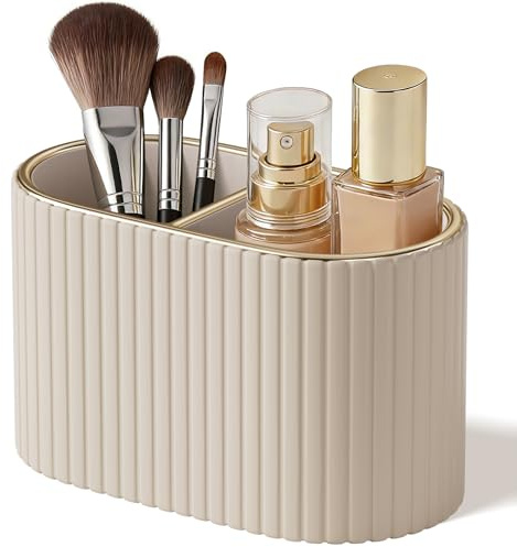 KINGFOM Makeup Brush Holder, Elegant Makeup Brush Organiser with 2 Compartments, PU Leather Makeup & Brush Holder for Vanity, Bathroom or Bedroom (Beige)